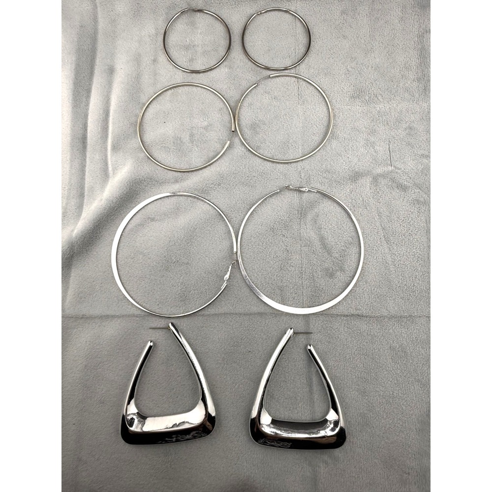 Estate Hoop and Geometric Drop Earrings Silver Tone Multi Pack Set 4 Pairs